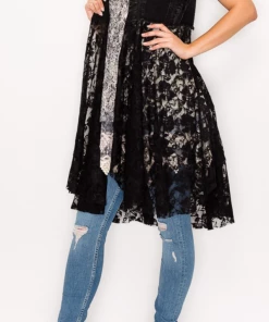 Origami Black Denim Vest With Lace Tops