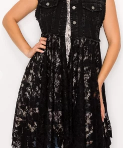 Origami Black Denim Vest With Lace Tops