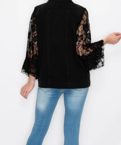 Origami Black Denim Jacket With Lace Sleeves Tops