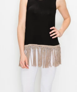 Origami Black Tank With Fringe