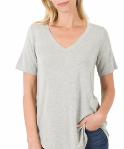 Zenana Tops Basic V-Neck - Heather Grey (S-XL)