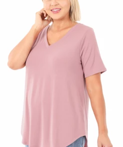Zenana Basic V-Neck - Light Rose (1X-3X) Tops