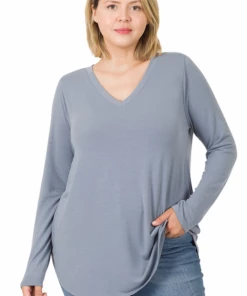 Zenana Basics Everyday Long Sleeve - Slate Blue (1X-3X)