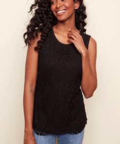 Charlie B Guipure Sleeveless Top - Black