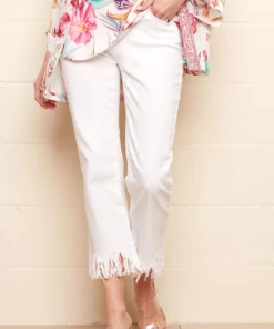 Charlie B Fringed Hem Cropped Jean - White
