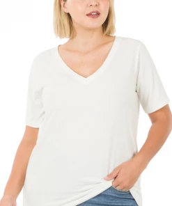 Zenana Basic V-Neck - Ivory (S-3X) Tops