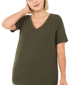 Zenana Tops Basic V-Neck - Dark Olive (S-3X)