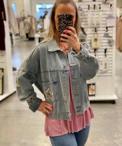 Veveret Leopard Star Denim Jacket Apparel
