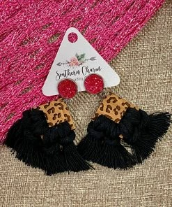 Southern Charm SC Hot Pink Druzy With Leopard Triangle & Black Macrame